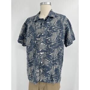 Ralph Lauren Koi Print Camp Shirt Mens XL Slim Fit Blue Kio Cotton Linen (bl100t